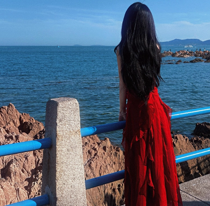 Exquisite Ruffles Flowy Maxi Dress Stretchy Bright Summer Spaghetti Strap Long Dress AP0570