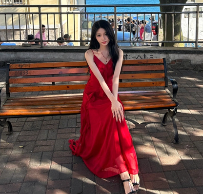 Exquisite Ruffles Flowy Maxi Dress Stretchy Bright Summer Spaghetti Strap Long Dress AP0570