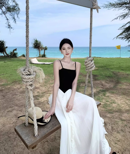 White-Black Splicing Square Neckline Maxi Dress Spaghetti Strap Shirred Tulle Long Dress AP0571