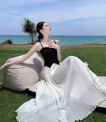 White-Black Splicing Square Neckline Maxi Dress Spaghetti Strap Shirred Tulle Long Dress AP0571