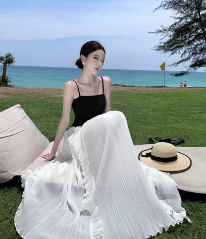 White-Black Splicing Square Neckline Maxi Dress Spaghetti Strap Shirred Tulle Long Dress AP0571