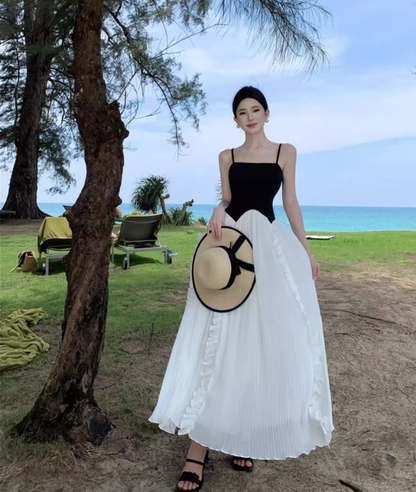 White-Black Splicing Square Neckline Maxi Dress Spaghetti Strap Shirred Tulle Long Dress AP0571