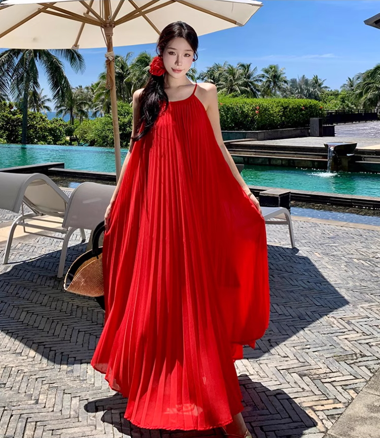 Vibrant Adjustable Waist Straps Maxi Dress Backless Flowy Oversize Halter Long Dress AP0572