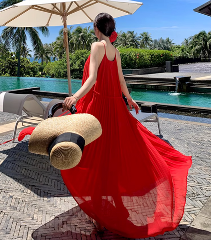 Vibrant Adjustable Waist Straps Maxi Dress Backless Flowy Oversize Halter Long Dress AP0572