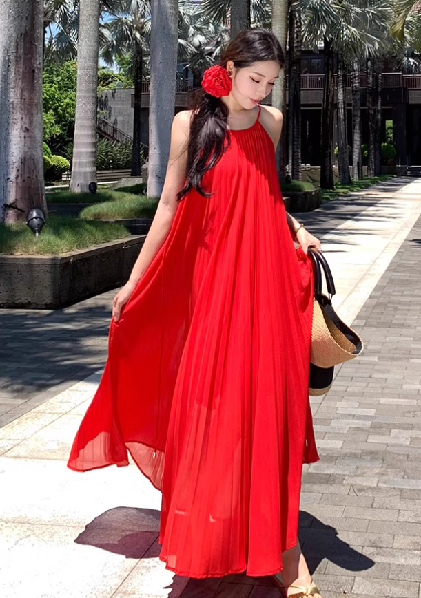 Vibrant Adjustable Waist Straps Maxi Dress Backless Flowy Oversize Halter Long Dress AP0572