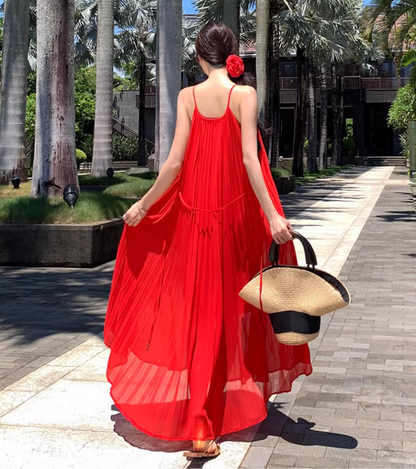 Vibrant Adjustable Waist Straps Maxi Dress Backless Flowy Oversize Halter Long Dress AP0572