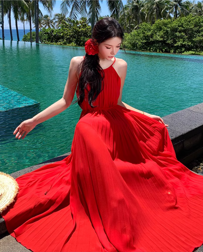 Vibrant Adjustable Waist Straps Maxi Dress Backless Flowy Oversize Halter Long Dress AP0572