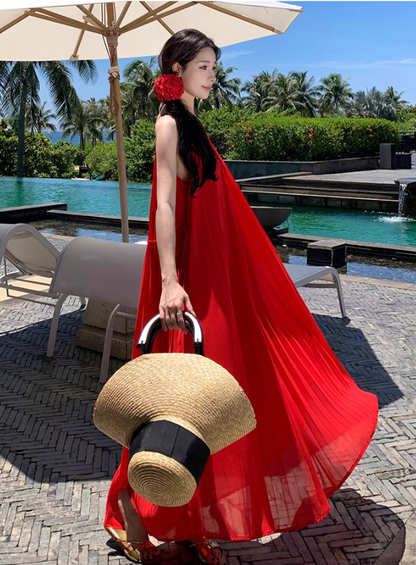 Vibrant Adjustable Waist Straps Maxi Dress Backless Flowy Oversize Halter Long Dress AP0572