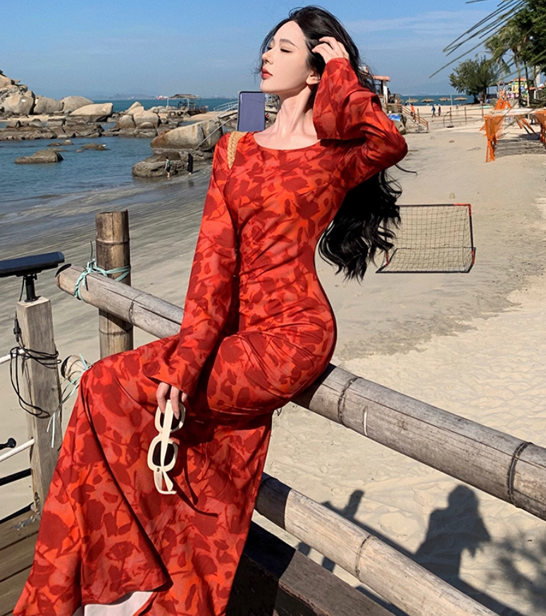 Floral Print Bodycon Maxi Dress Strapless Long Sleeve Photo Ready Bodycon Long Dress AP0573