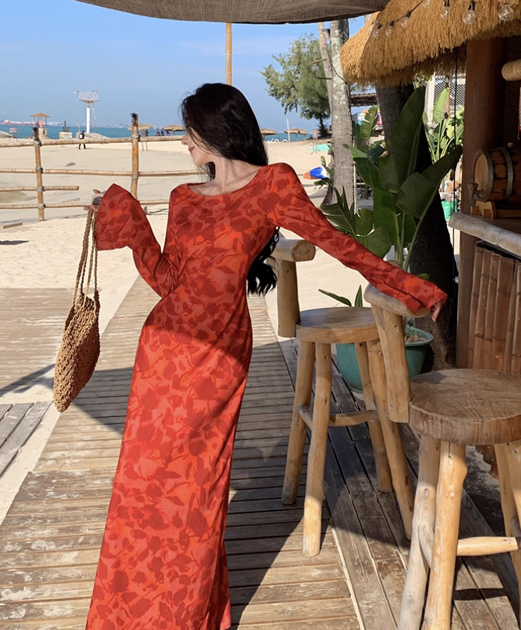 Floral Print Bodycon Maxi Dress Strapless Long Sleeve Photo Ready Bodycon Long Dress AP0573