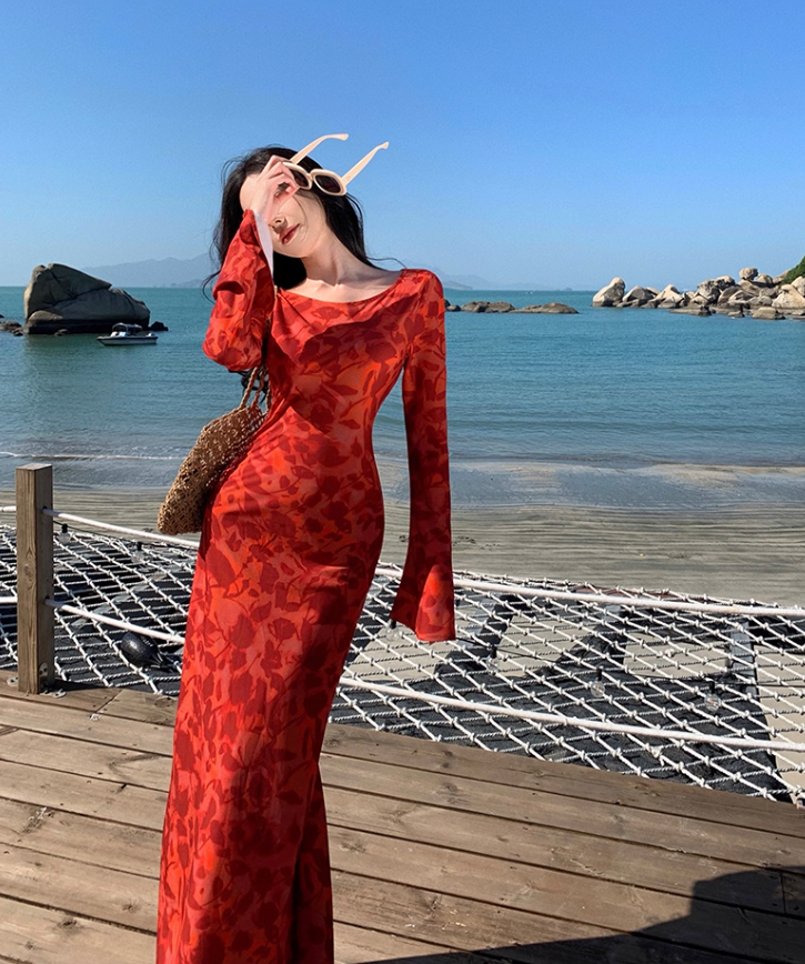 Floral Print Bodycon Maxi Dress Strapless Long Sleeve Photo Ready Bodycon Long Dress AP0573