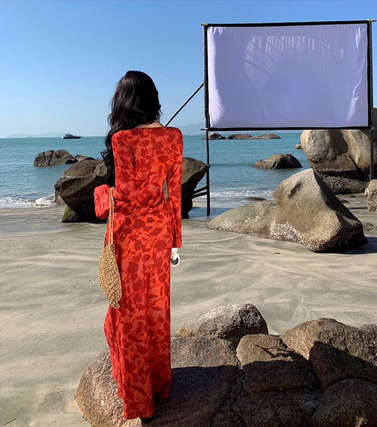 Floral Print Bodycon Maxi Dress Strapless Long Sleeve Photo Ready Bodycon Long Dress AP0573