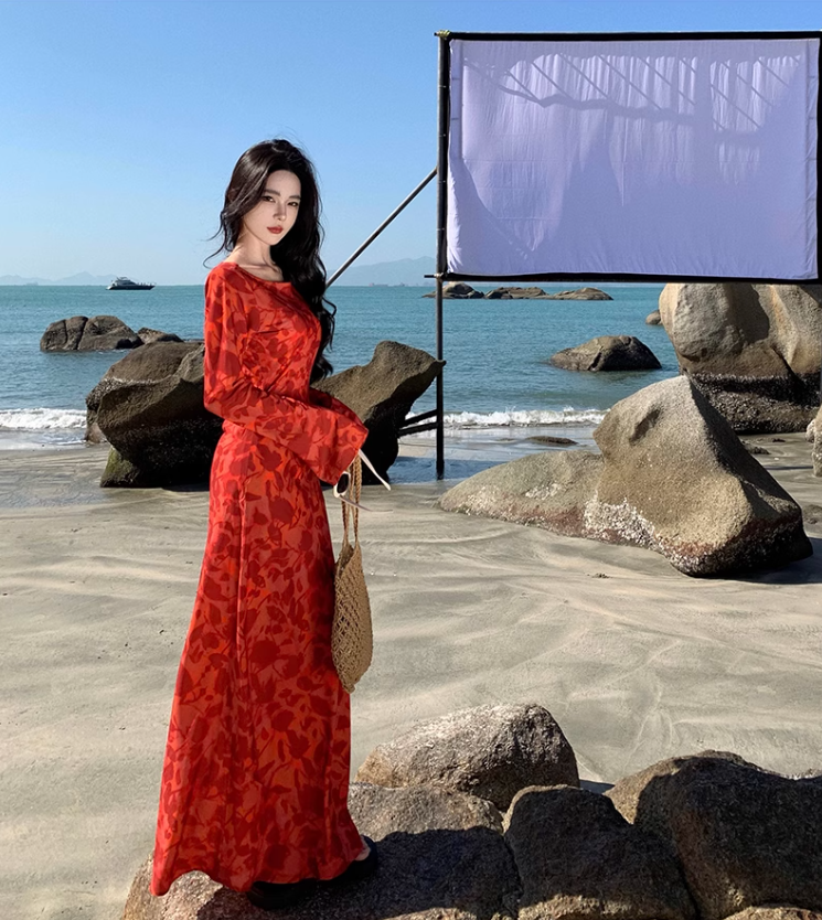 Floral Print Bodycon Maxi Dress Strapless Long Sleeve Photo Ready Bodycon Long Dress AP0573