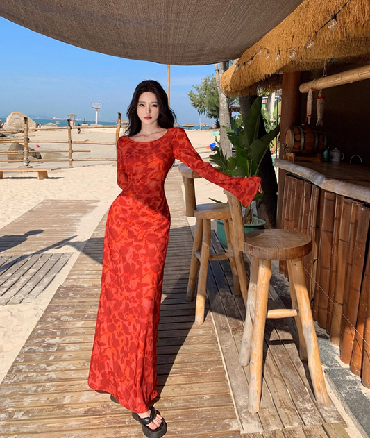 Floral Print Bodycon Maxi Dress Strapless Long Sleeve Photo Ready Bodycon Long Dress AP0573