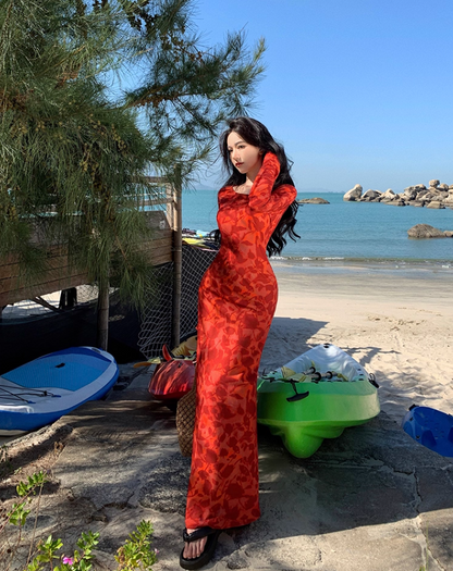 Floral Print Bodycon Maxi Dress Strapless Long Sleeve Photo Ready Bodycon Long Dress AP0573