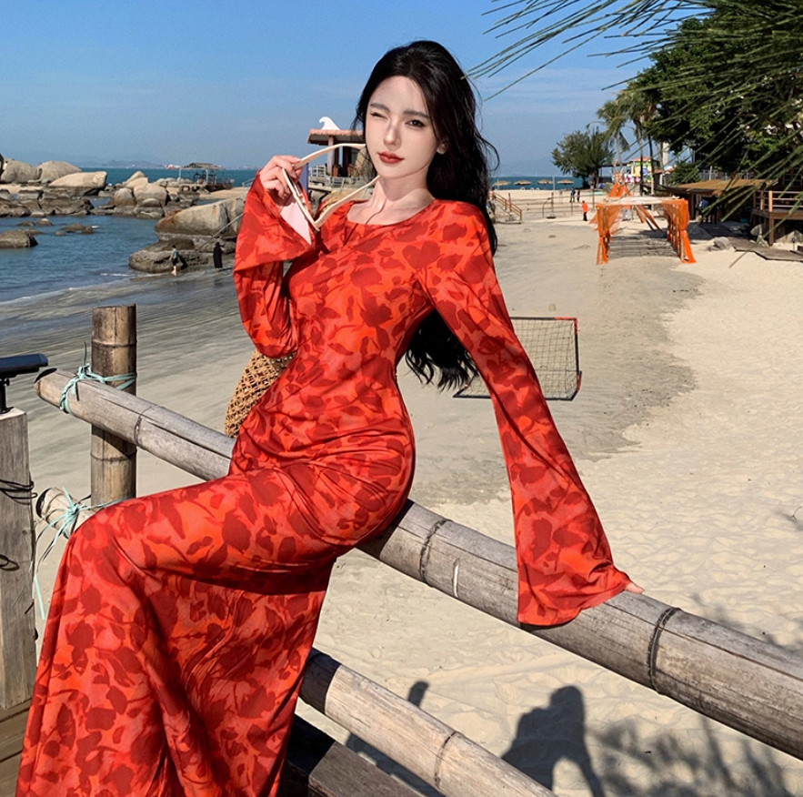 Floral Print Bodycon Maxi Dress Strapless Long Sleeve Photo Ready Bodycon Long Dress AP0573