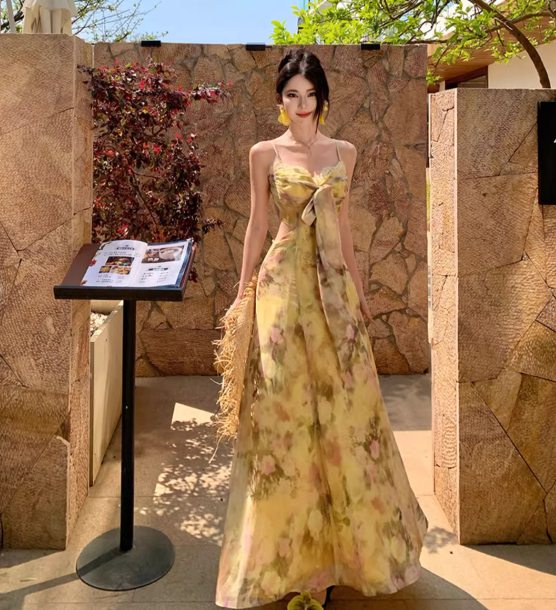 Floral Print Open Waist Beach Sundress Spaghetti Strap Dopamine Outfit Long Dress AP0574