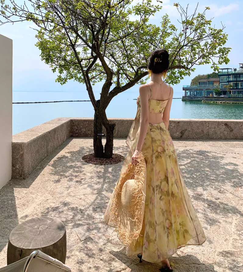 Floral Print Open Waist Beach Sundress Spaghetti Strap Dopamine Outfit Long Dress AP0574