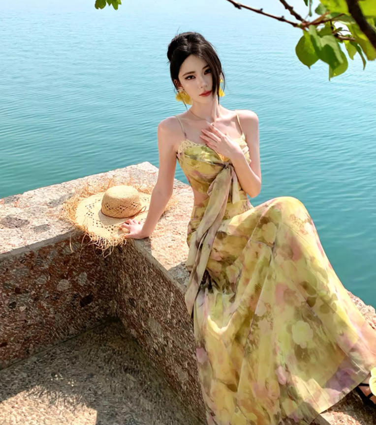 Floral Print Open Waist Beach Sundress Spaghetti Strap Dopamine Outfit Long Dress AP0574