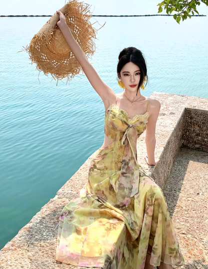 Floral Print Open Waist Beach Sundress Spaghetti Strap Dopamine Outfit Long Dress AP0574