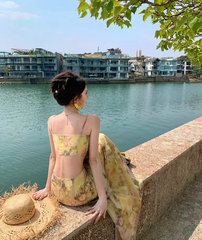 Floral Print Open Waist Beach Sundress Spaghetti Strap Dopamine Outfit Long Dress AP0574