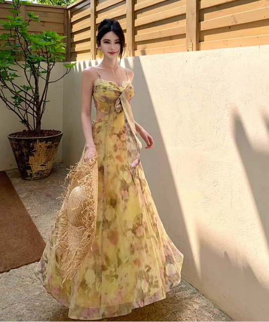 Floral Print Open Waist Beach Sundress Spaghetti Strap Dopamine Outfit Long Dress AP0574