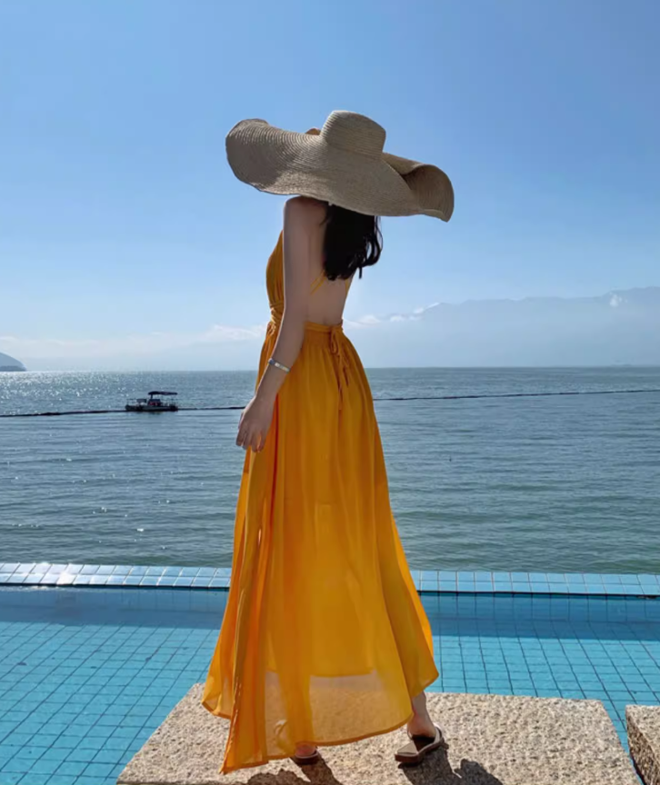 V Neck Waist-Cinching Beach Maxi Dress Dopamine Vacation Outfit Halter Long Dress AP0575