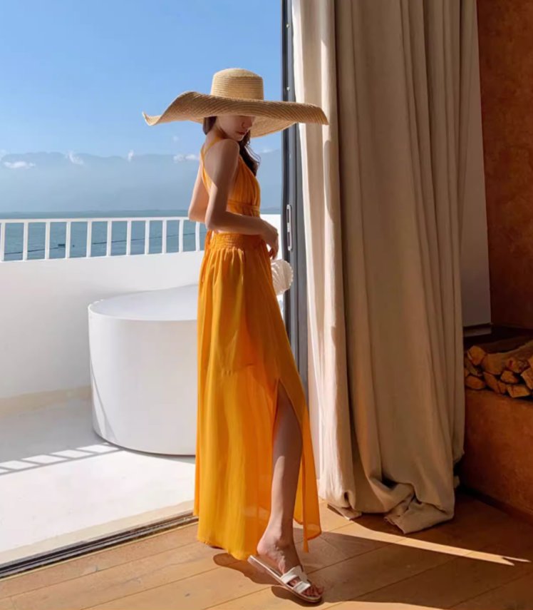 V Neck Waist-Cinching Beach Maxi Dress Dopamine Vacation Outfit Halter Long Dress AP0575