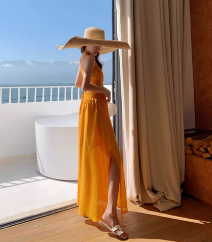 V Neck Waist-Cinching Beach Maxi Dress Dopamine Vacation Outfit Halter Long Dress AP0575