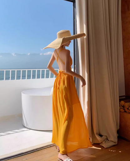 V Neck Waist-Cinching Beach Maxi Dress Dopamine Vacation Outfit Halter Long Dress AP0575