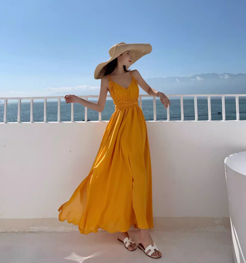 V Neck Waist-Cinching Beach Maxi Dress Dopamine Vacation Outfit Halter Long Dress AP0575