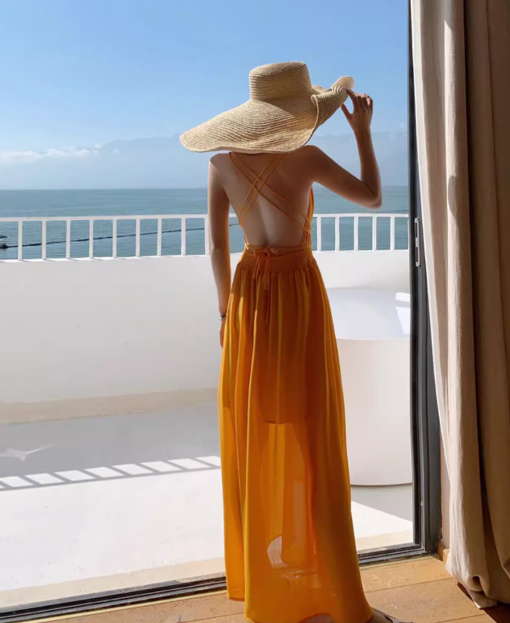 V Neck Waist-Cinching Beach Maxi Dress Dopamine Vacation Outfit Halter Long Dress AP0575