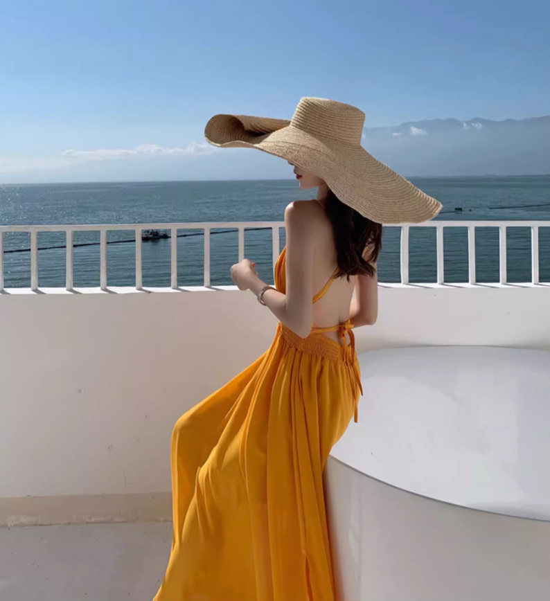 V Neck Waist-Cinching Beach Maxi Dress Dopamine Vacation Outfit Halter Long Dress AP0575