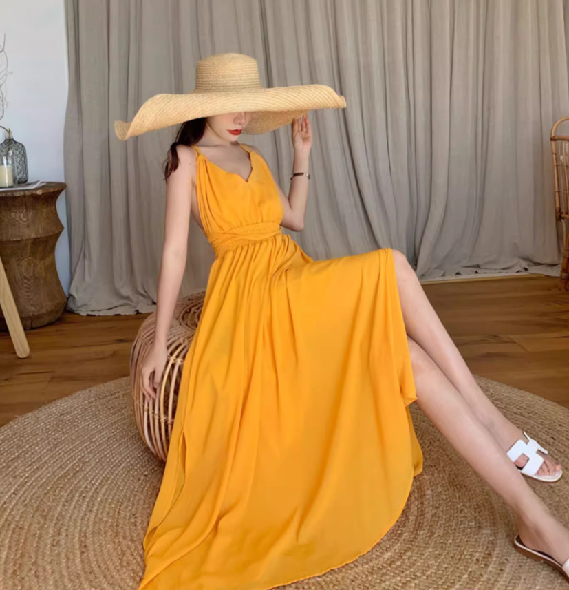 V Neck Waist-Cinching Beach Maxi Dress Dopamine Vacation Outfit Halter Long Dress AP0575