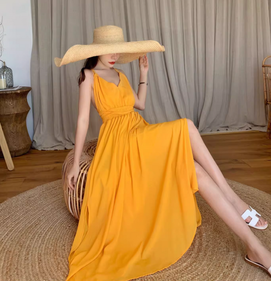 V Neck Waist-Cinching Beach Maxi Dress Dopamine Vacation Outfit Halter Long Dress AP0575