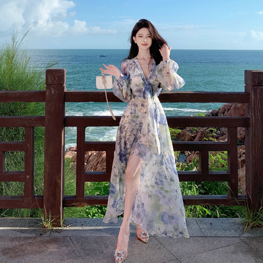 Floral Print High-Slit V Neck Maxi Dress Strapless Long Sleeve Ethereal Long Dress AP0576