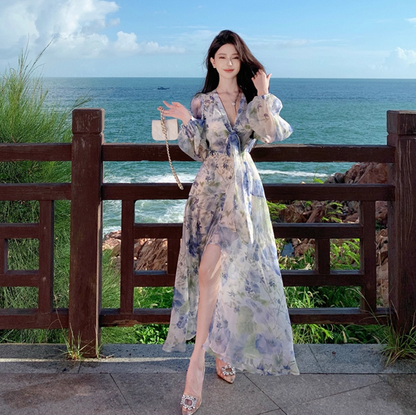 Floral Print High-Slit V Neck Maxi Dress Strapless Long Sleeve Ethereal Long Dress AP0576