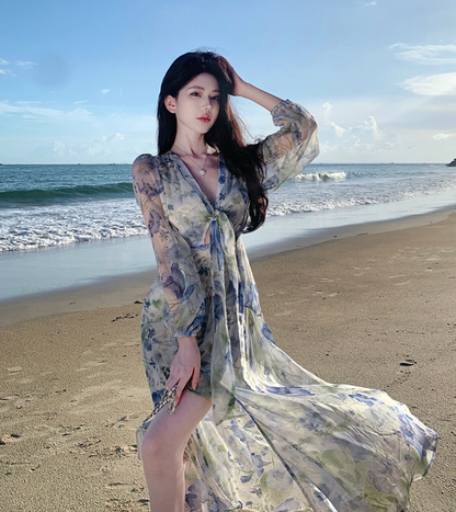 Floral Print High-Slit V Neck Maxi Dress Strapless Long Sleeve Ethereal Long Dress AP0576