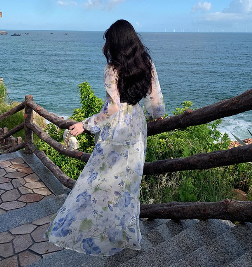 Floral Print High-Slit V Neck Maxi Dress Strapless Long Sleeve Ethereal Long Dress AP0576
