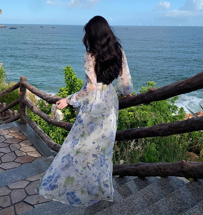 Floral Print High-Slit V Neck Maxi Dress Strapless Long Sleeve Ethereal Long Dress AP0576