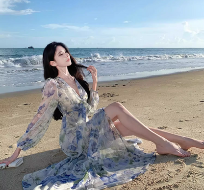 Floral Print High-Slit V Neck Maxi Dress Strapless Long Sleeve Ethereal Long Dress AP0576