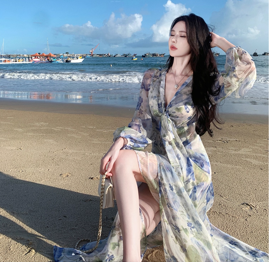 Floral Print High-Slit V Neck Maxi Dress Strapless Long Sleeve Ethereal Long Dress AP0576