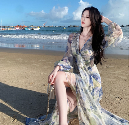 Floral Print High-Slit V Neck Maxi Dress Strapless Long Sleeve Ethereal Long Dress AP0576