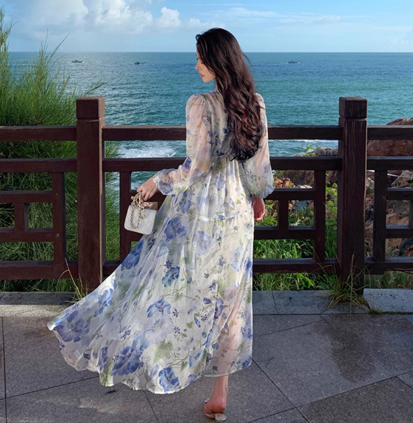Floral Print High-Slit V Neck Maxi Dress Strapless Long Sleeve Ethereal Long Dress AP0576