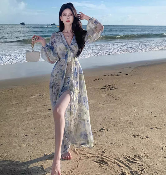 Floral Print High-Slit V Neck Maxi Dress Strapless Long Sleeve Ethereal Long Dress AP0576