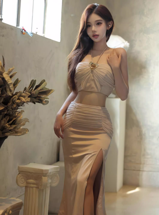 Chic Two-Piece Sheath Long Dress Open Waist High-Slit Sheen Halter Long Dress AP0577
