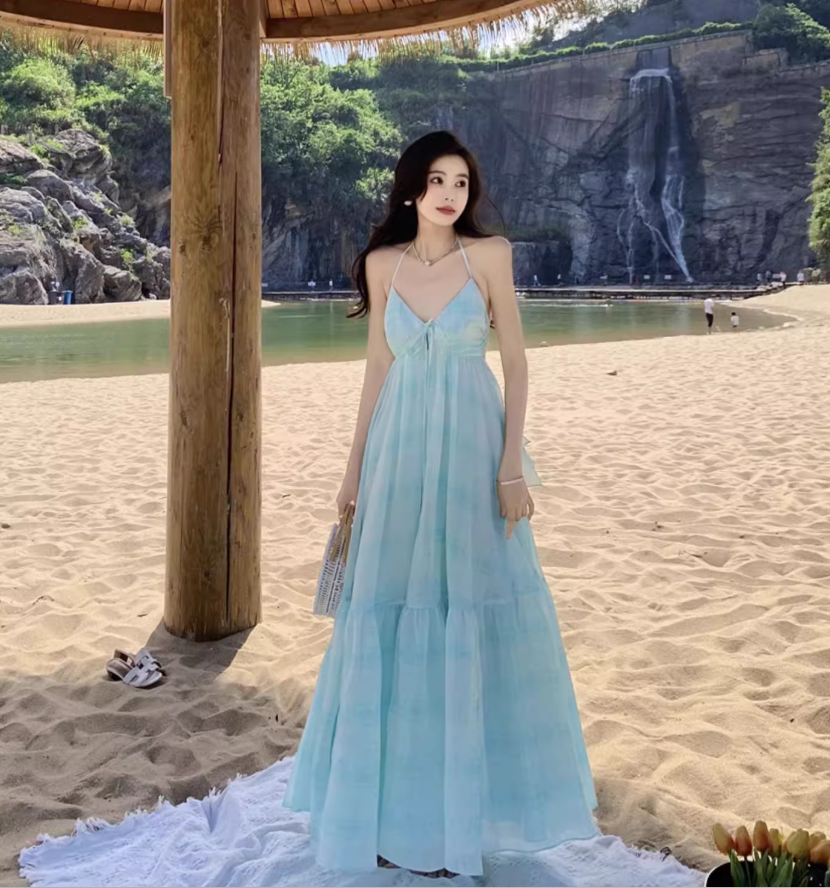 Summer Beach Floral Print Ruffles Hem Maxi Dress Gentle Spaghetti Strap Long Dress AP0578