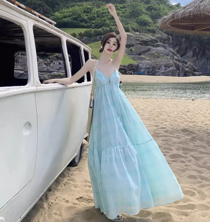 Summer Beach Floral Print Ruffles Hem Maxi Dress Gentle Spaghetti Strap Long Dress AP0578