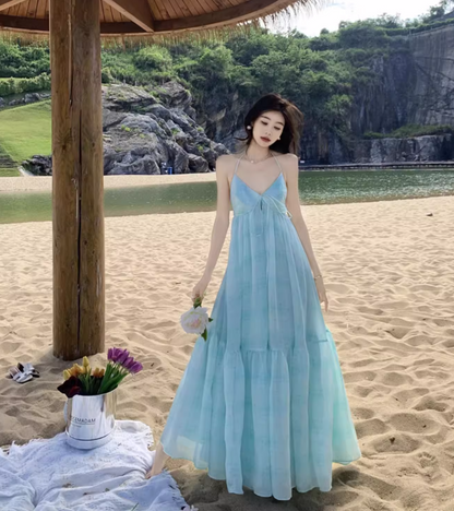 Summer Beach Floral Print Ruffles Hem Maxi Dress Gentle Spaghetti Strap Long Dress AP0578