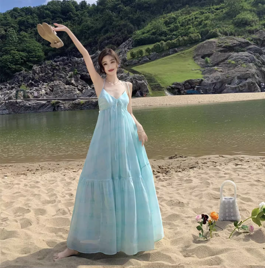 Summer Beach Floral Print Ruffles Hem Maxi Dress Gentle Spaghetti Strap Long Dress AP0578